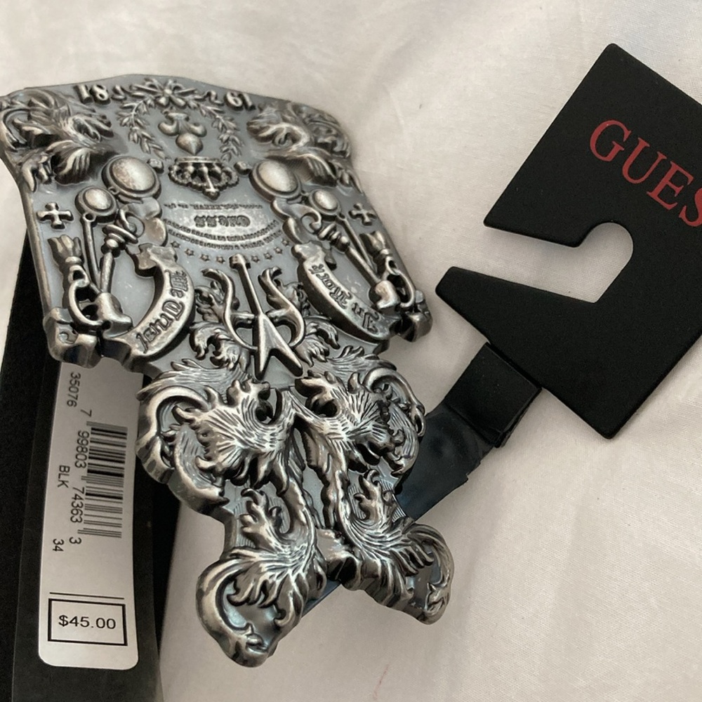🆕“Guess” Men’s Full Grain Black Leather Belt, with Metal Buckle Size 34